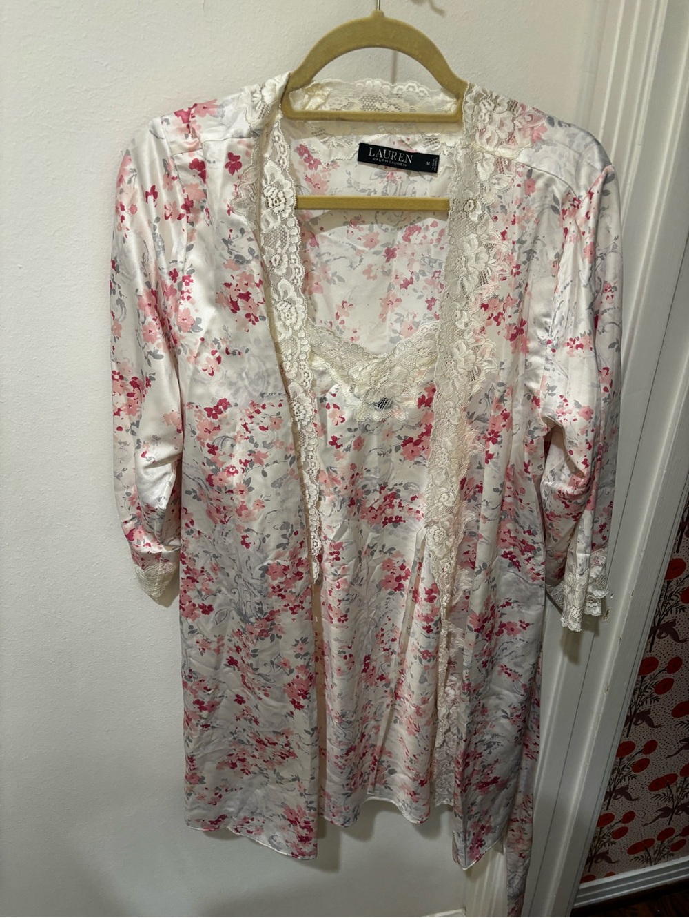 Ralph Lauren Pink Floral Satin Lace-Trim Nightgown & Robe Set
